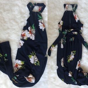 Navy Floral Maxi Backless Tie Dress NWOT